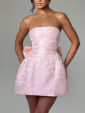 Strapless Mini Jacquard Dress with Bow Detail and A-Line Skirt