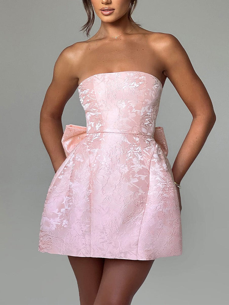 Strapless Mini Jacquard Dress with Bow Detail and A-Line Skirt