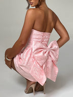 Strapless Mini Jacquard Dress with Bow Detail and A-Line Skirt