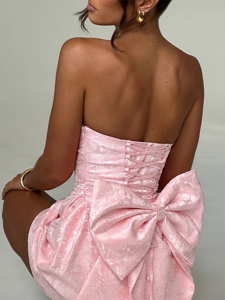 Strapless Mini Jacquard Dress with Bow Detail and A-Line Skirt