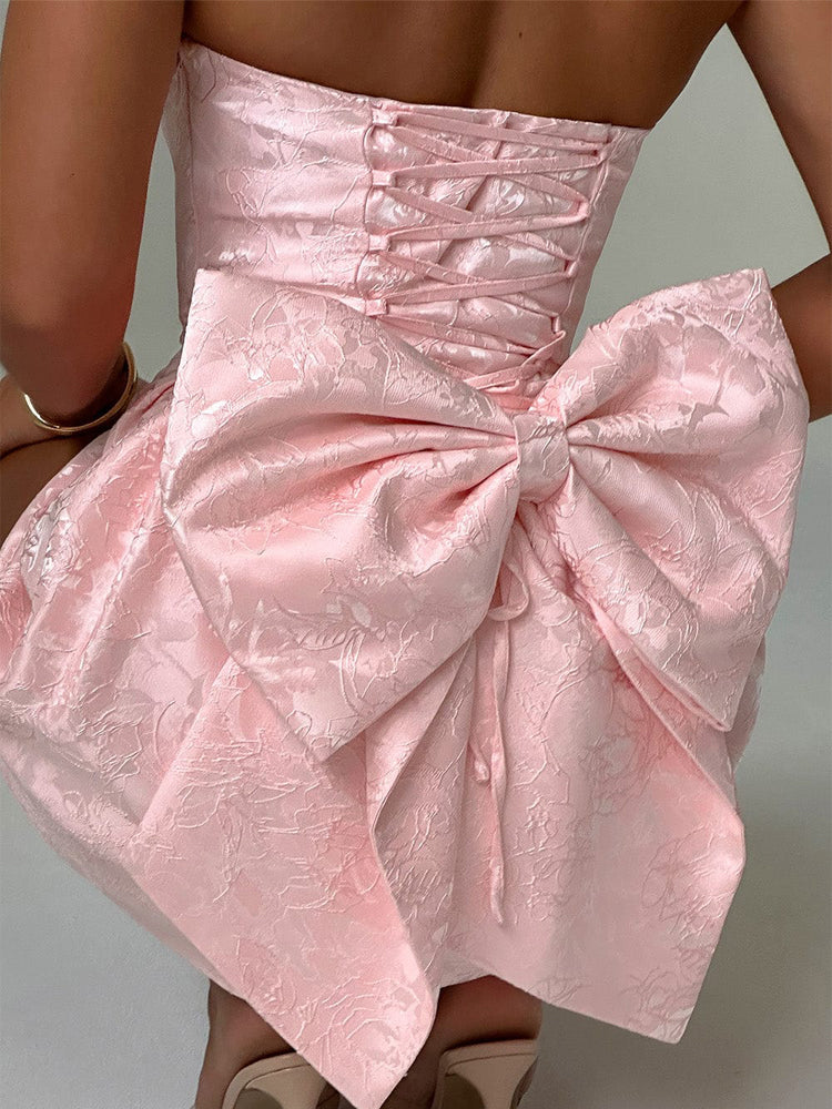 Strapless Mini Jacquard Dress with Bow Detail and A-Line Skirt