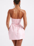 Strapless Mini Jacquard Dress with Bow Detail and A-Line Skirt
