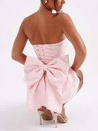 Strapless Mini Jacquard Dress with Bow Detail and A-Line Skirt