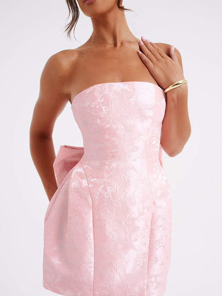 Strapless Mini Jacquard Dress with Bow Detail and A-Line Skirt