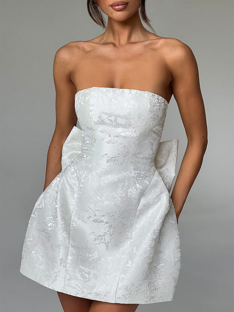 Strapless Mini Jacquard Dress with Bow Detail and A-Line Skirt