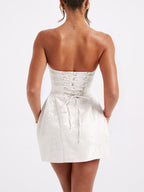 Strapless Mini Jacquard Dress with Bow Detail and A-Line Skirt