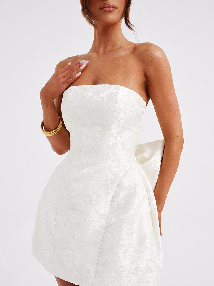 Strapless Mini Jacquard Dress with Bow Detail and A-Line Skirt