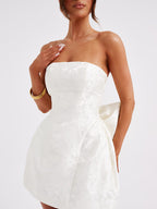 Strapless Mini Jacquard Dress with Bow Detail and A-Line Skirt