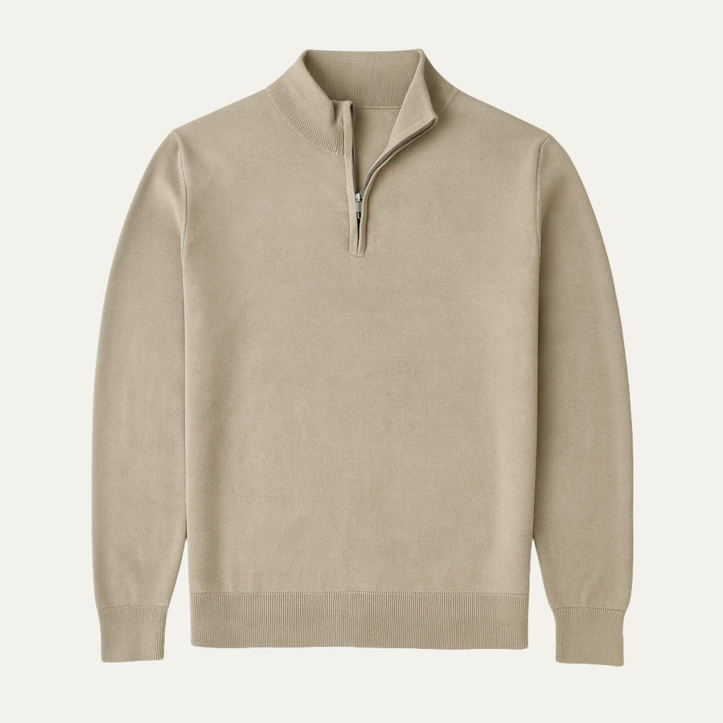 Men's Slim Fit Fine Knit Half-Zip Sweater with Low Mock Collar and Two-Tone Zipper