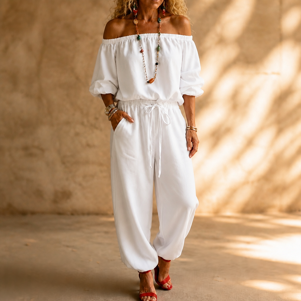 Women's Off-Shoulder Jumpsuit with Adjustable Drawstring Waist