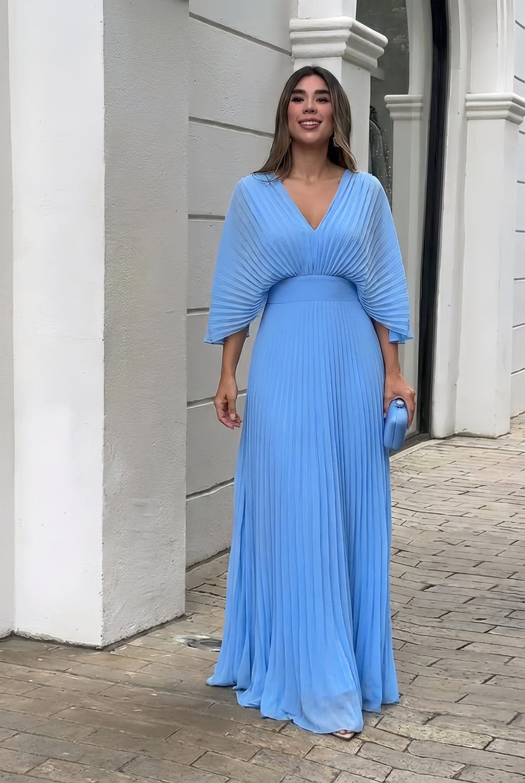 Women's Pleated Maxi Dress with V-Neckline and Kimono Sleeves
