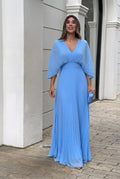 Women's Pleated Maxi Dress with V-Neckline and Kimono Sleeves