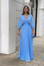 Women's Pleated Maxi Dress with V-Neckline and Kimono Sleeves