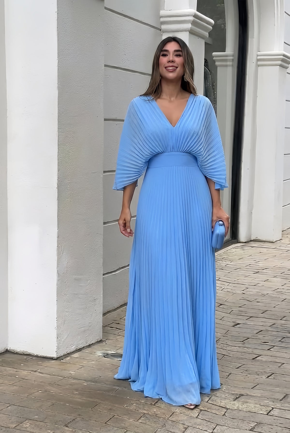 Women's Pleated Maxi Dress with V-Neckline and Kimono Sleeves