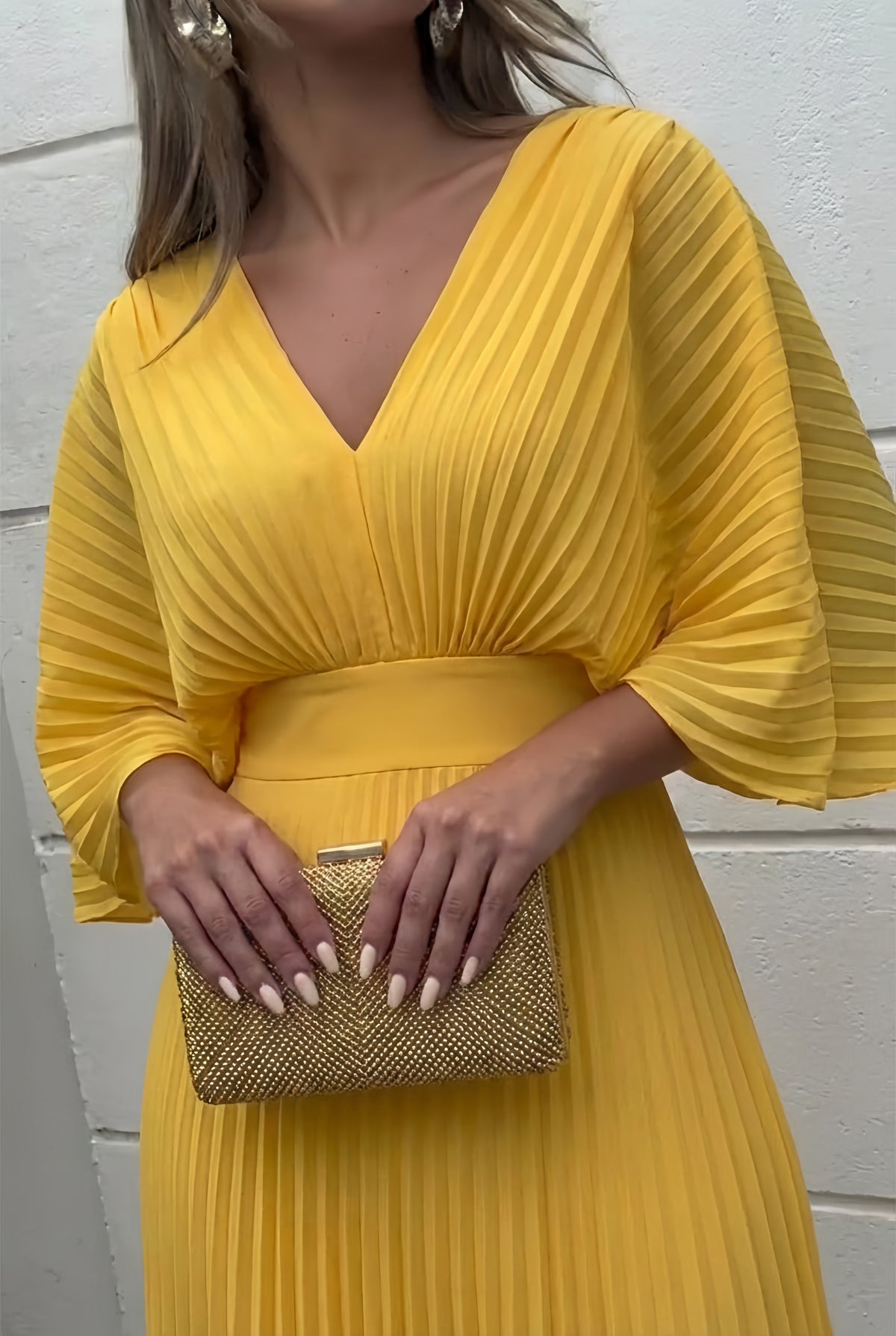 Women's Pleated Maxi Dress with V-Neckline and Kimono Sleeves