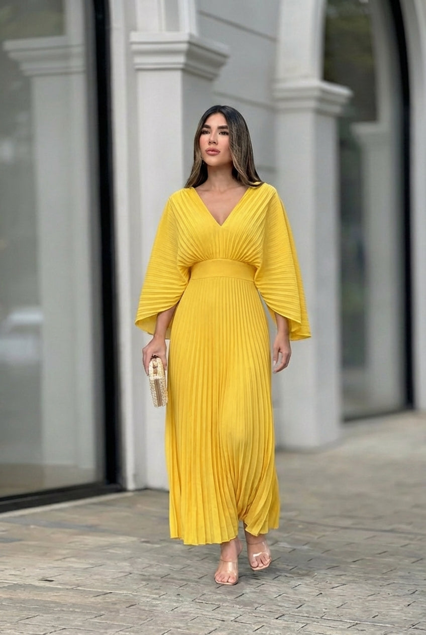 Women's Pleated Maxi Dress with V-Neckline and Kimono Sleeves