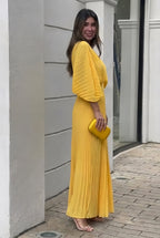 Women's Pleated Maxi Dress with V-Neckline and Kimono Sleeves