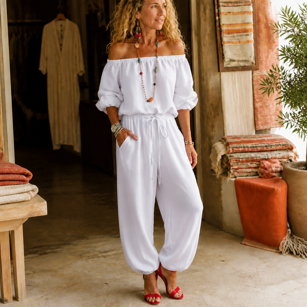 Women's Off-Shoulder Jumpsuit with Adjustable Drawstring Waist