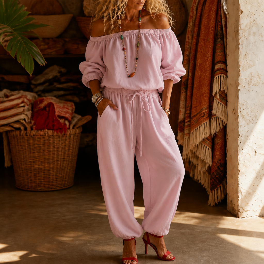 Women's Off-Shoulder Jumpsuit with Adjustable Drawstring Waist
