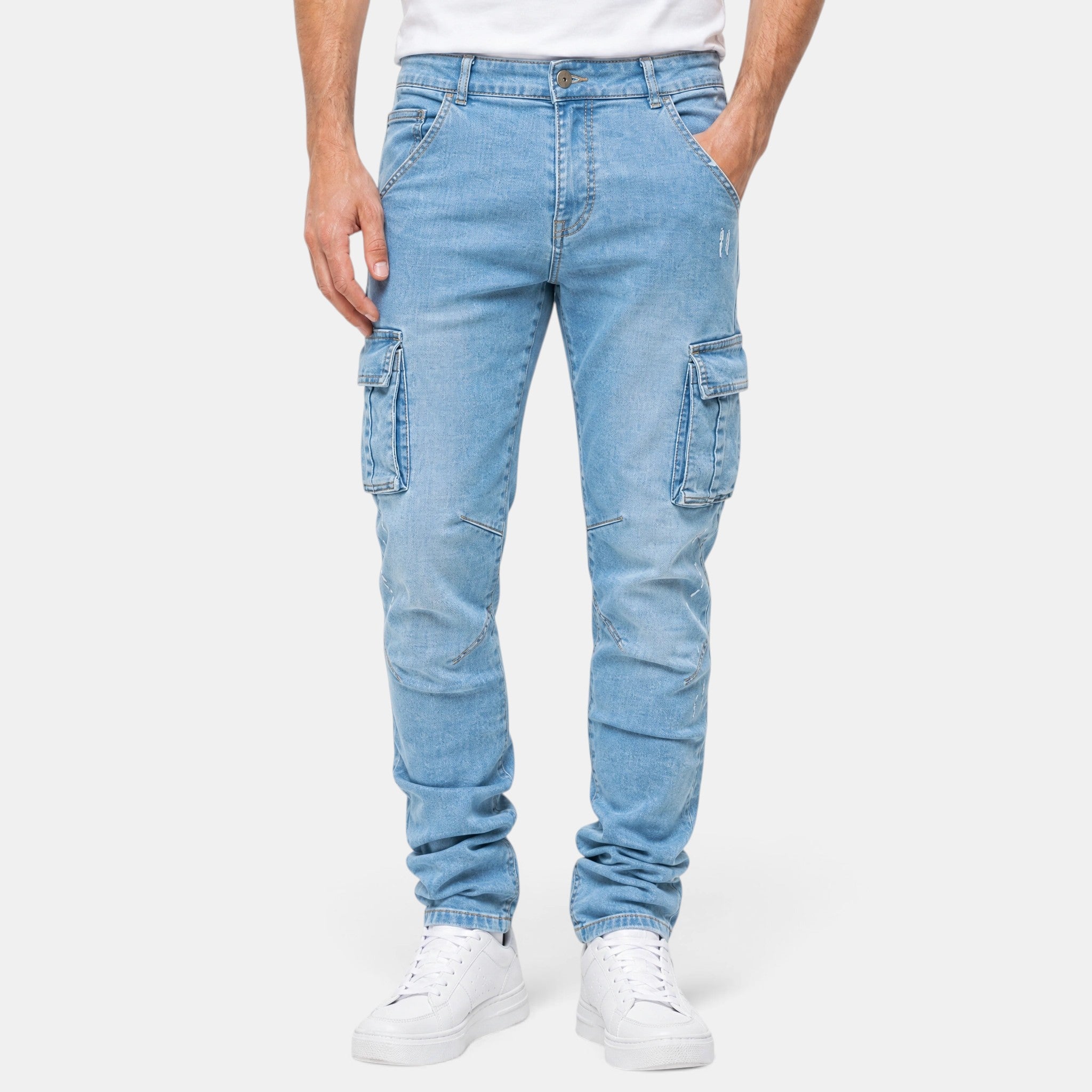 Men's Cargo Jeans with Slim Leg and Multi Pocket Design