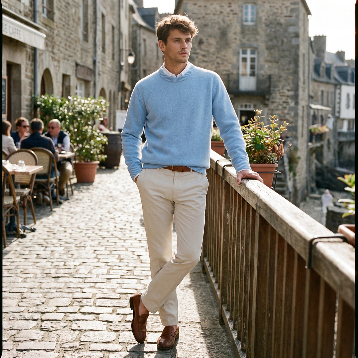 Men's Crew Neck Jumper with Ribbed Cuffs and Hem