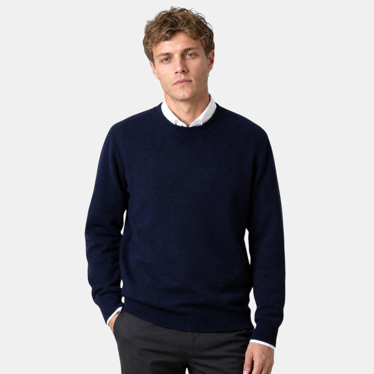 Men's Crew Neck Jumper with Ribbed Cuffs and Hem