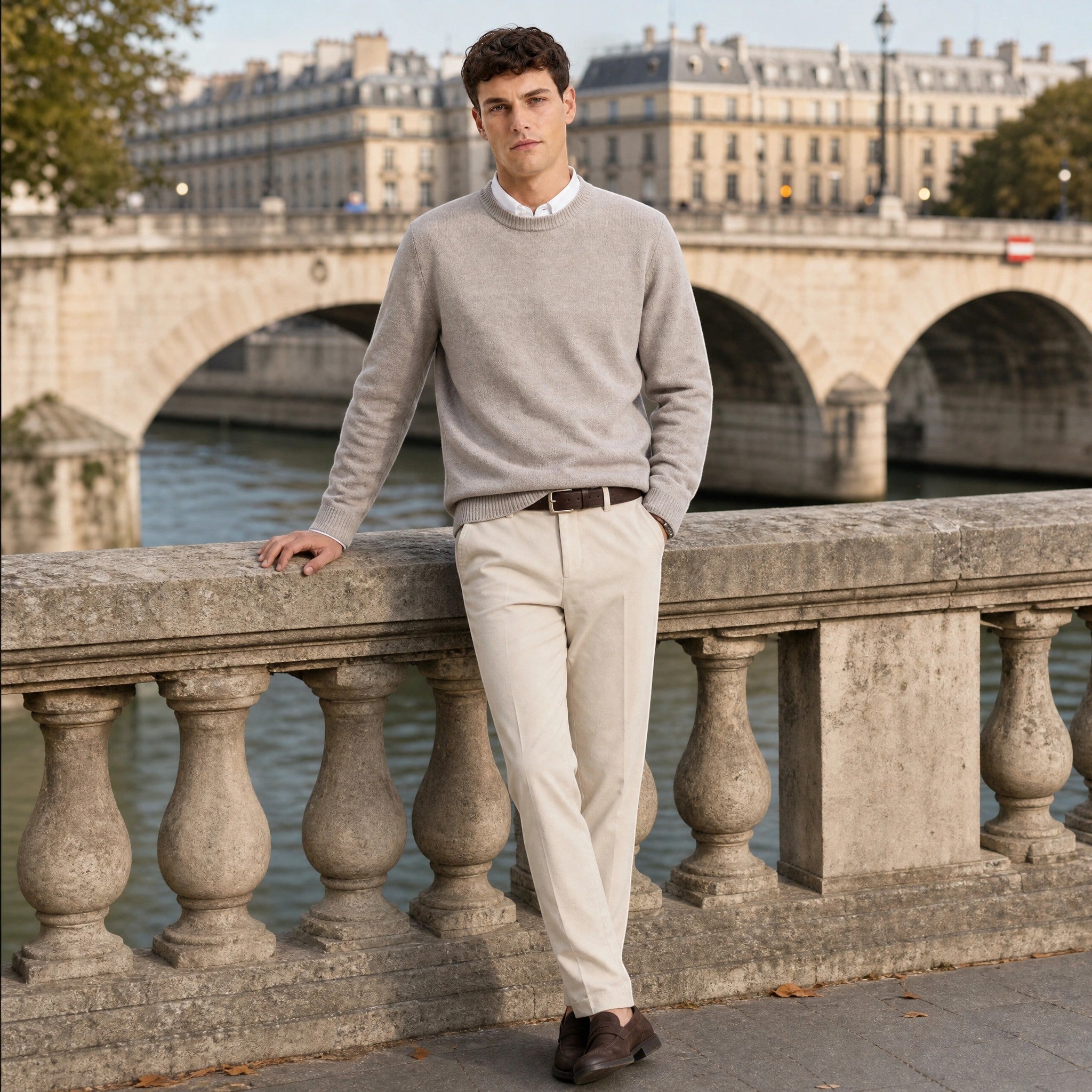 Men's Crew Neck Jumper with Ribbed Cuffs and Hem