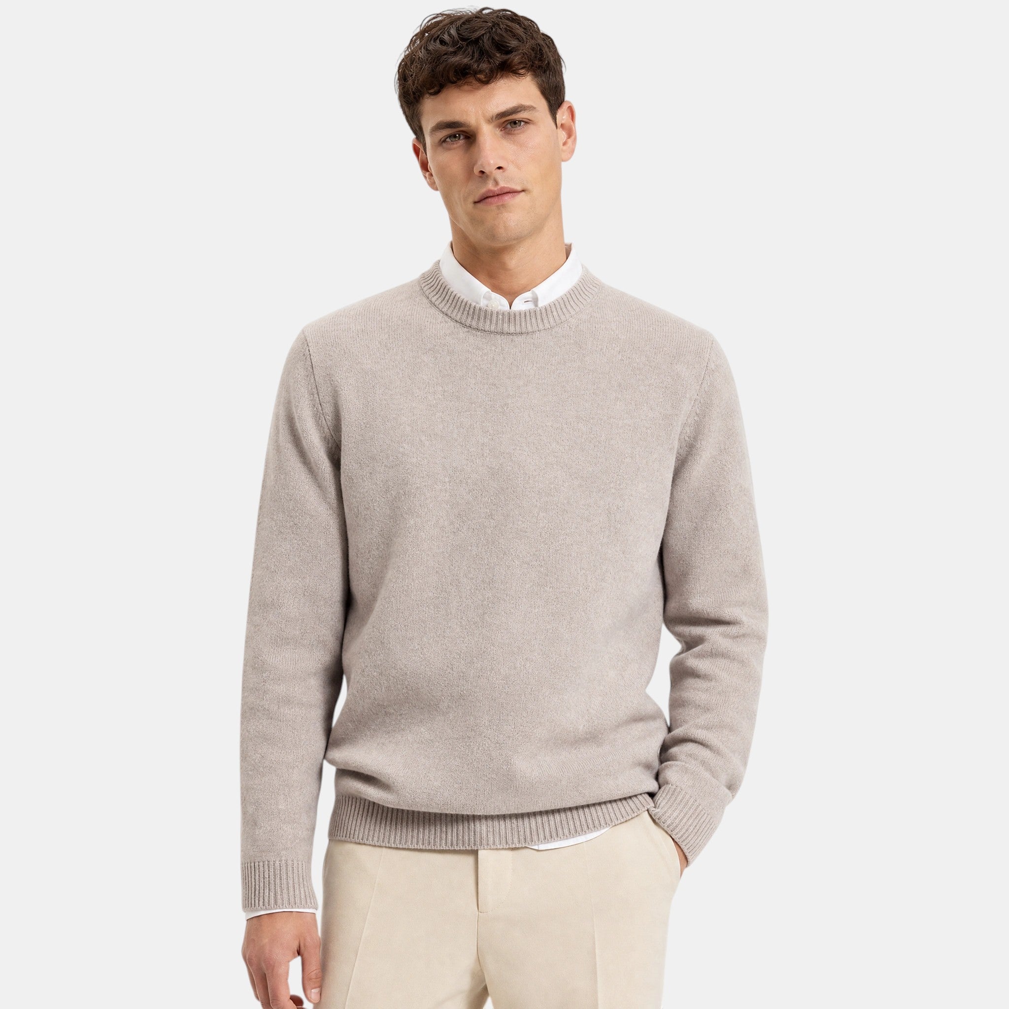 Men's Crew Neck Jumper with Ribbed Cuffs and Hem