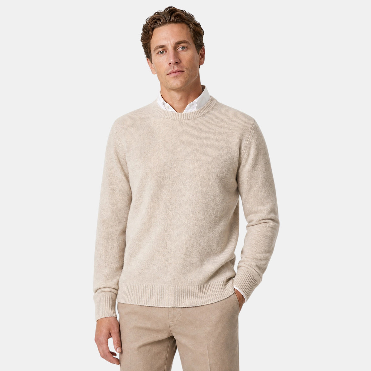 Men's Crew Neck Jumper with Ribbed Cuffs and Hem