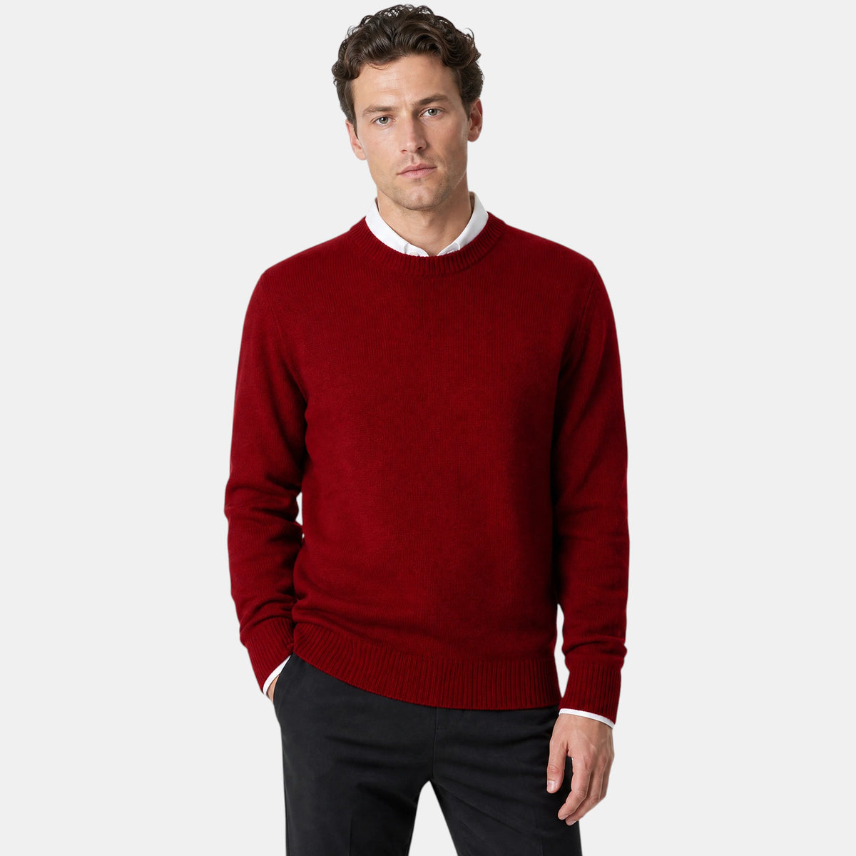 Men's Crew Neck Jumper with Ribbed Cuffs and Hem