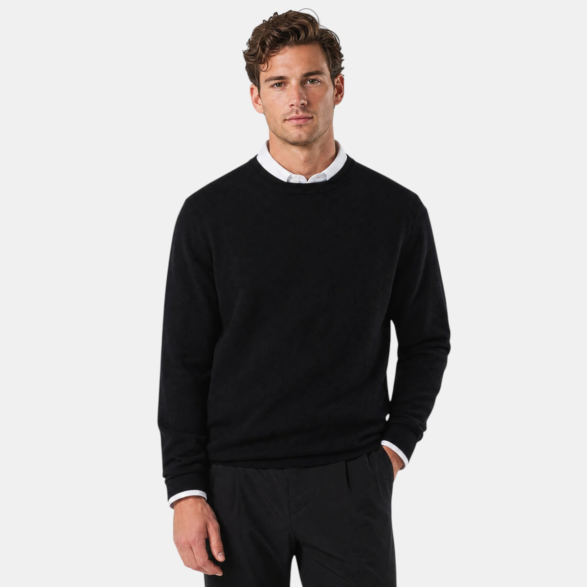 Men's Crew Neck Jumper with Ribbed Cuffs and Hem
