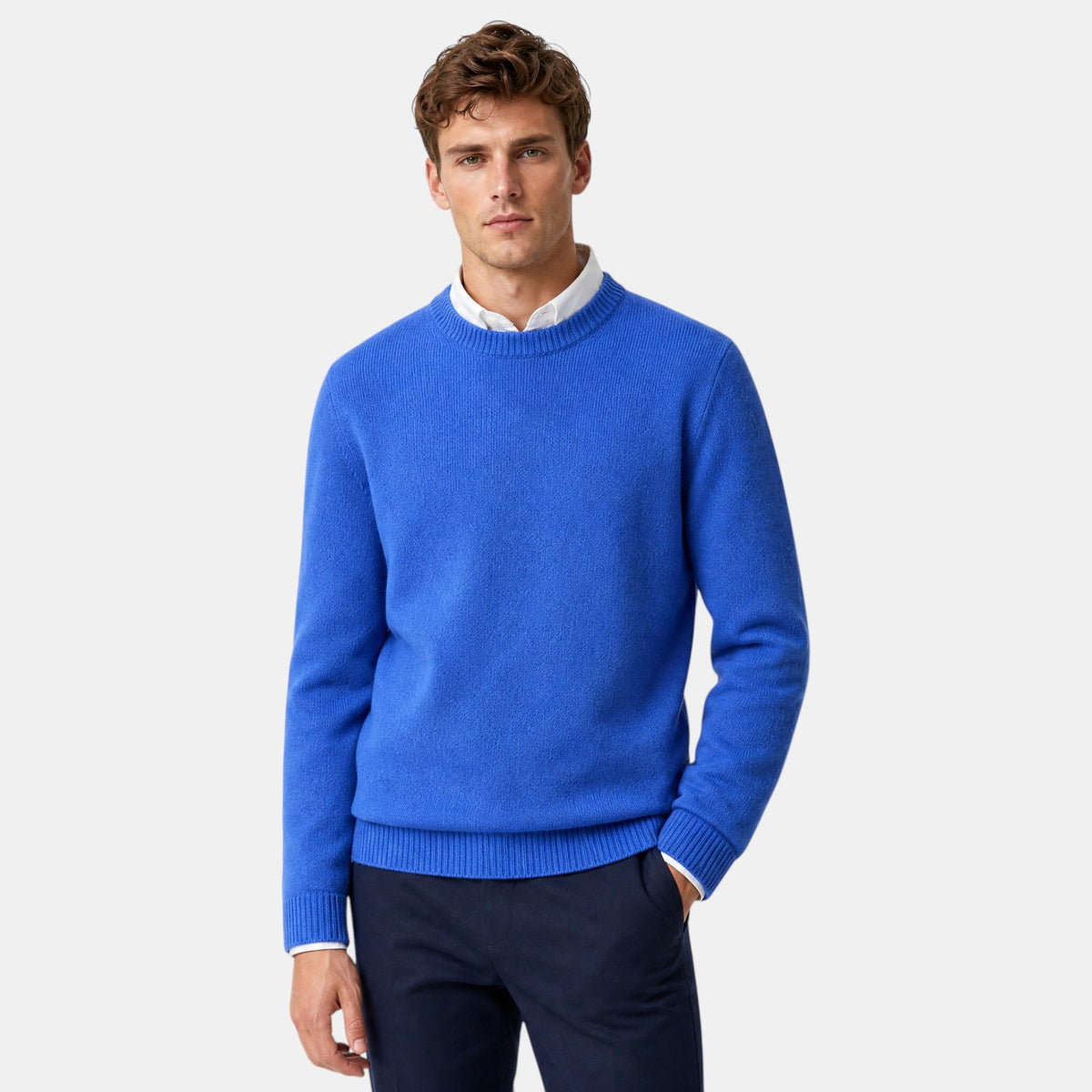 Men's Crew Neck Jumper with Ribbed Cuffs and Hem