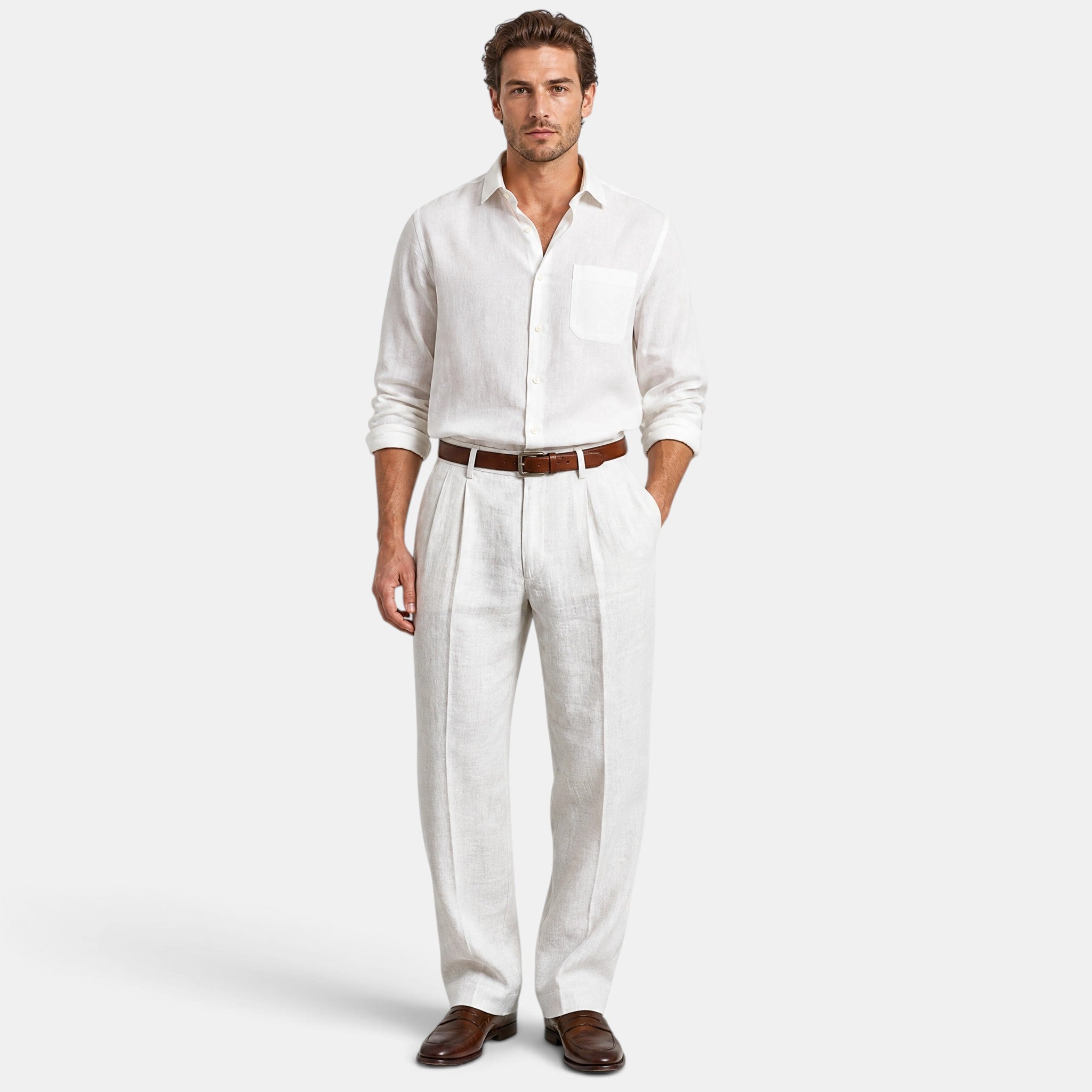 Men's Pleated Trousers with Belt Loops and Side Pockets