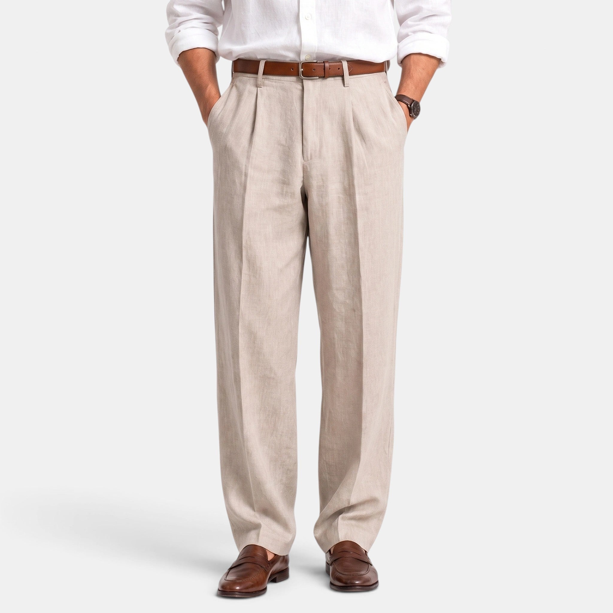 Men's Pleated Trousers with Belt Loops and Side Pockets