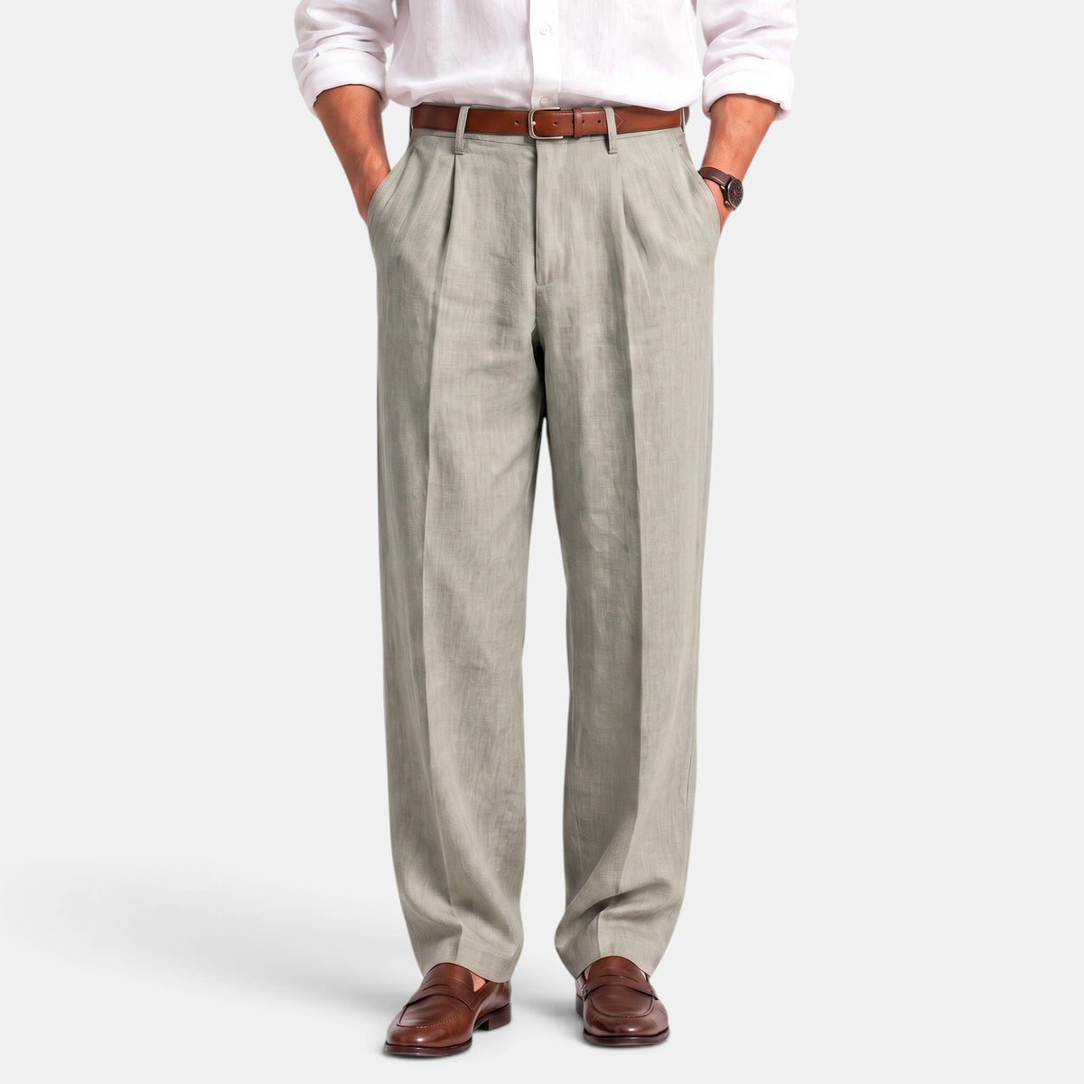 Men's Pleated Trousers with Belt Loops and Side Pockets