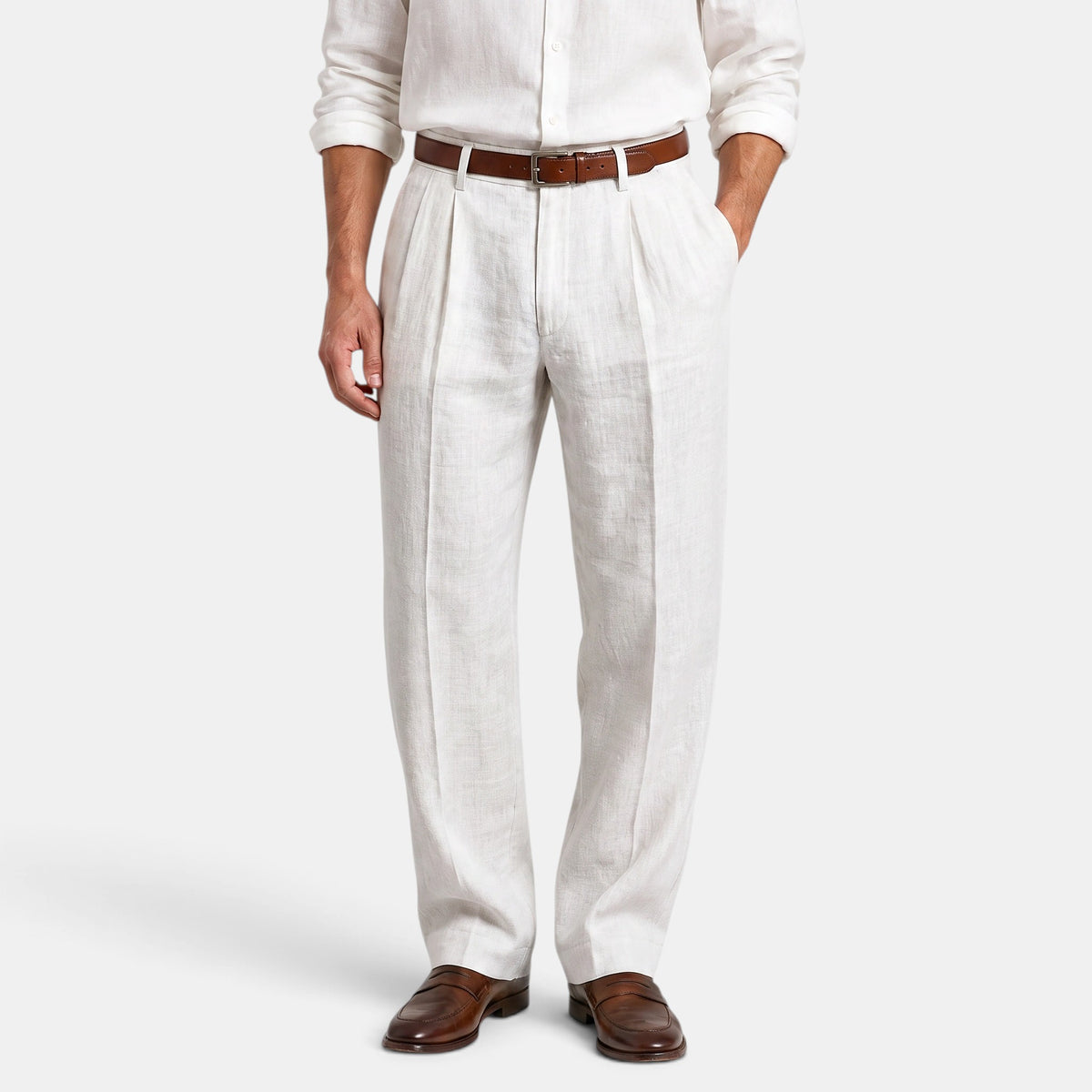 Men's Pleated Trousers with Belt Loops and Side Pockets
