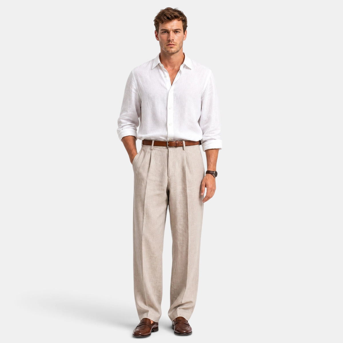 Men's Pleated Trousers with Belt Loops and Side Pockets