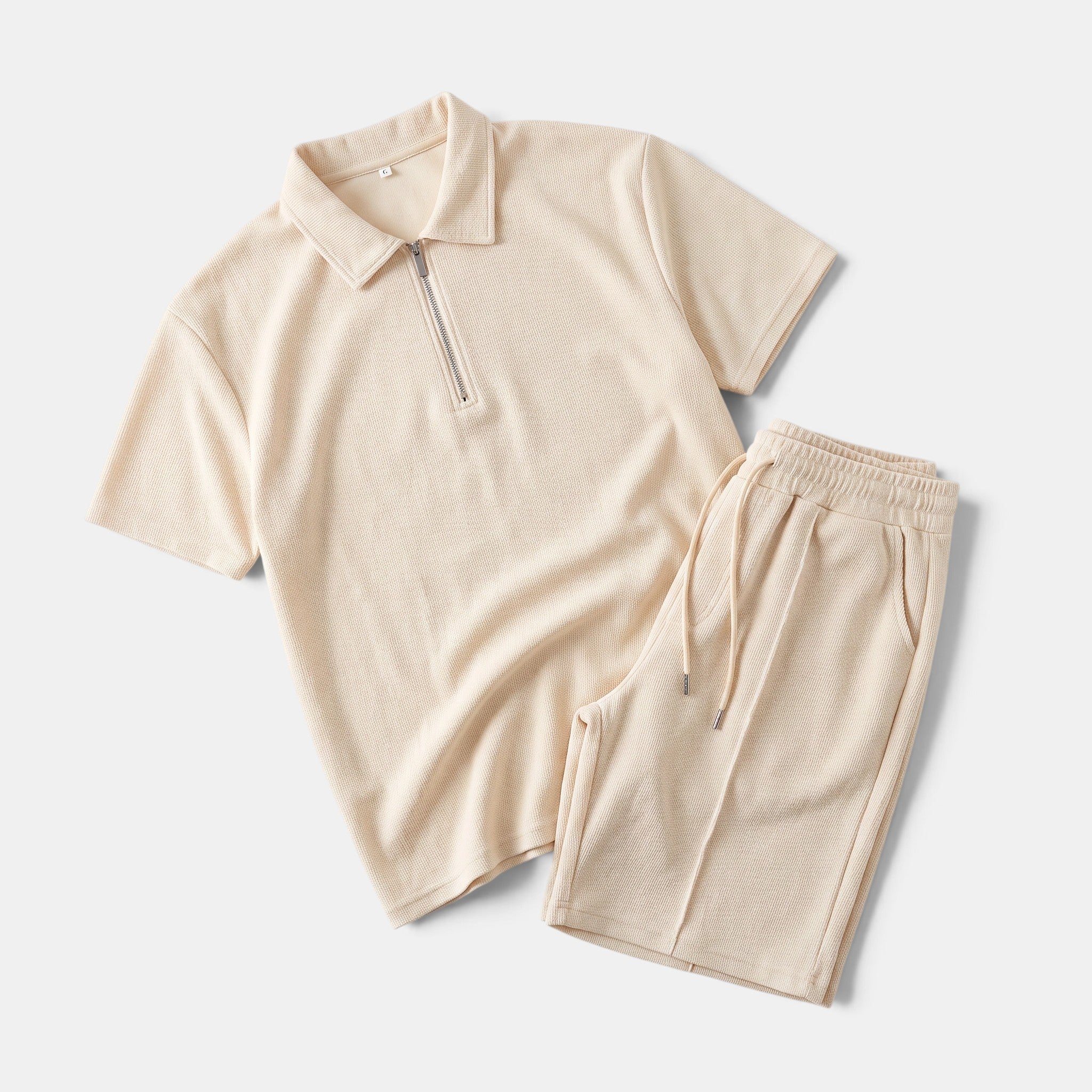 Men's Polo Shirt and Shorts Set with Zip Collar and Drawstring Waist