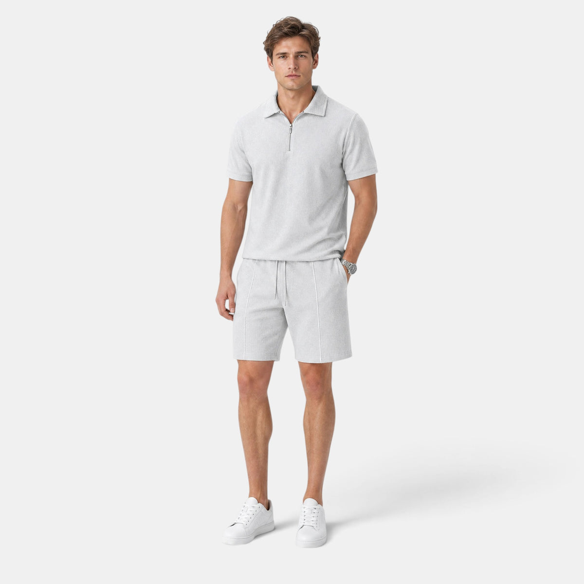 Men's Polo Shirt and Shorts Set with Zip Collar and Drawstring Waist