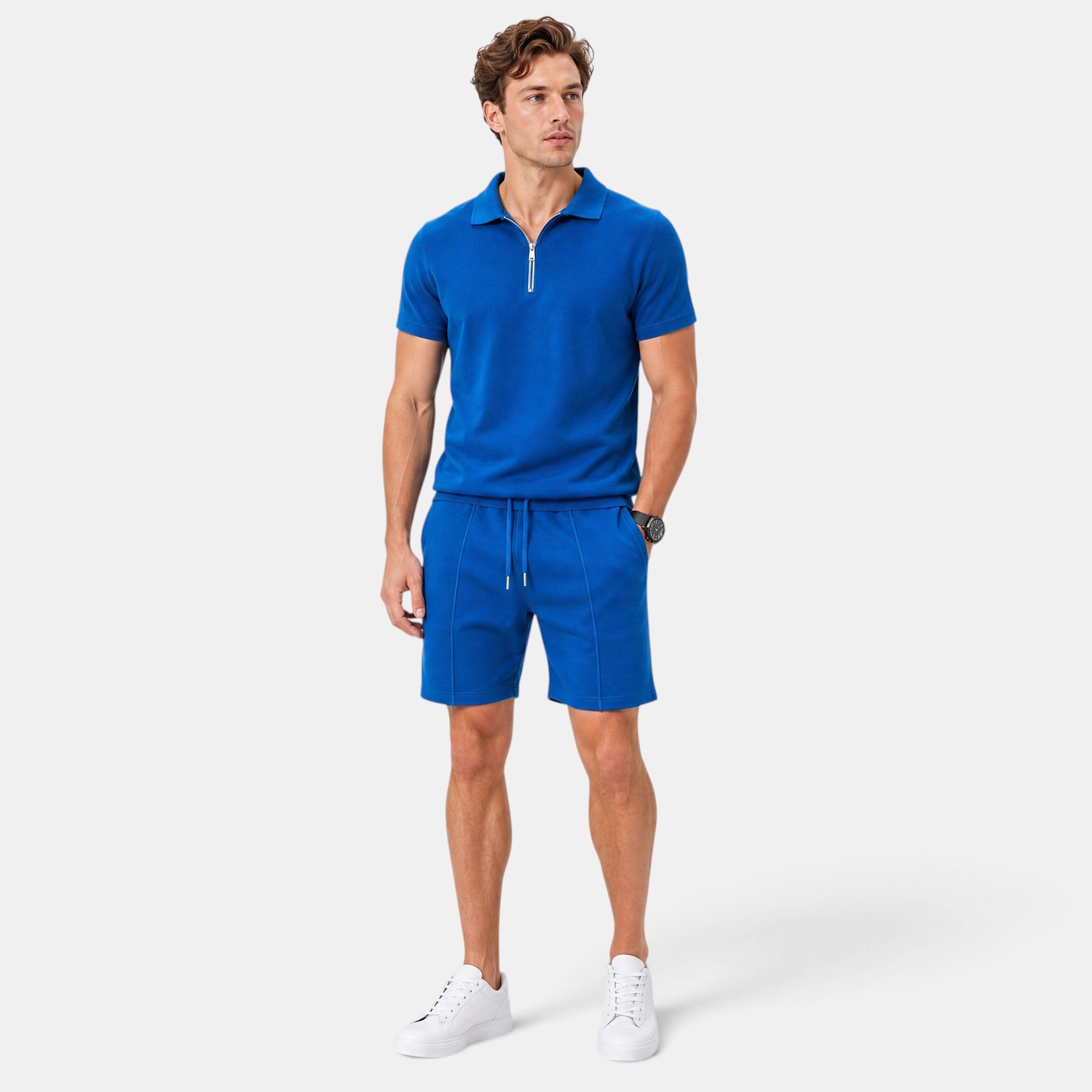 Men's Polo Shirt and Shorts Set with Zip Collar and Drawstring Waist