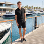 Men's Polo Shirt and Shorts Set with Zip Collar and Drawstring Waist