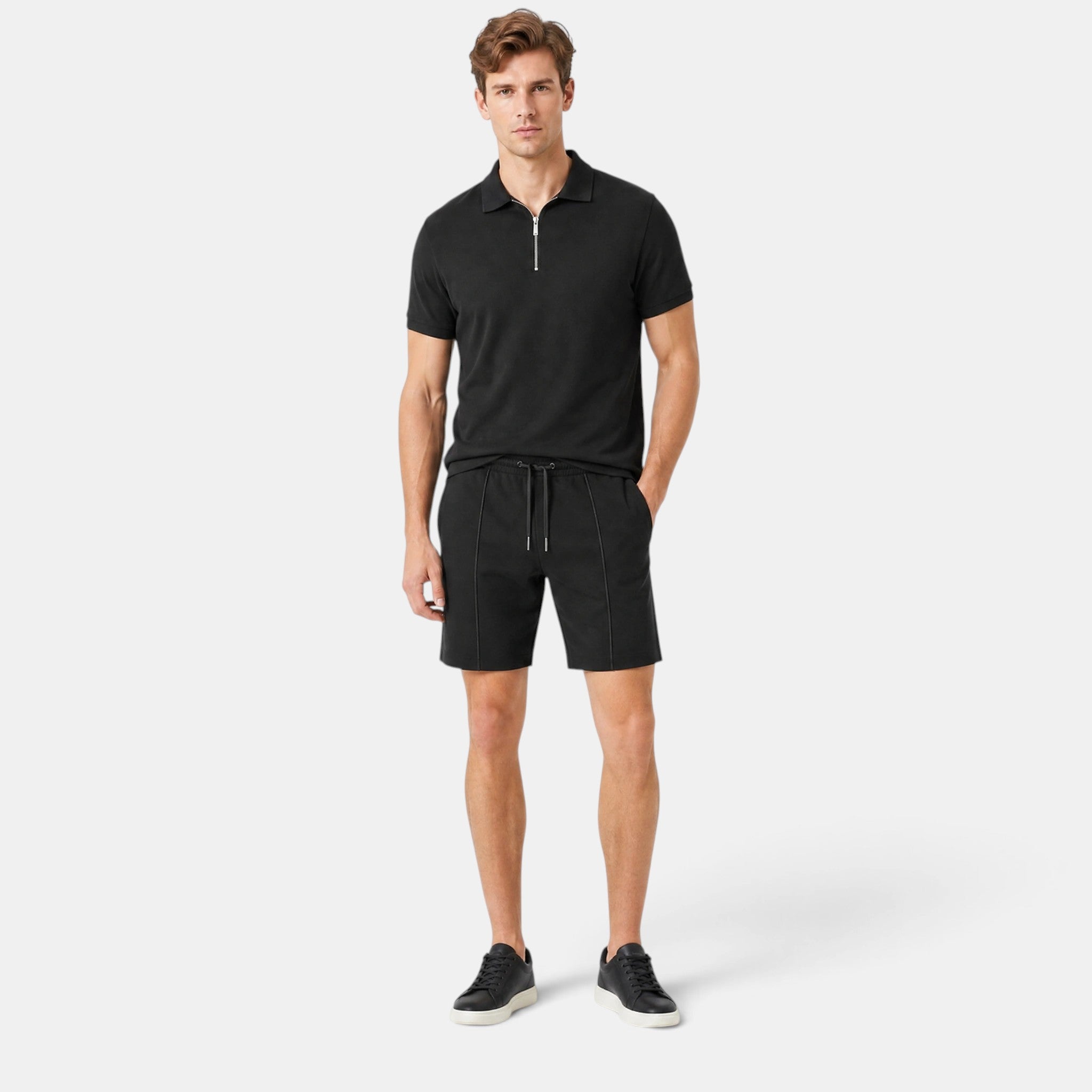 Men's Polo Shirt and Shorts Set with Zip Collar and Drawstring Waist