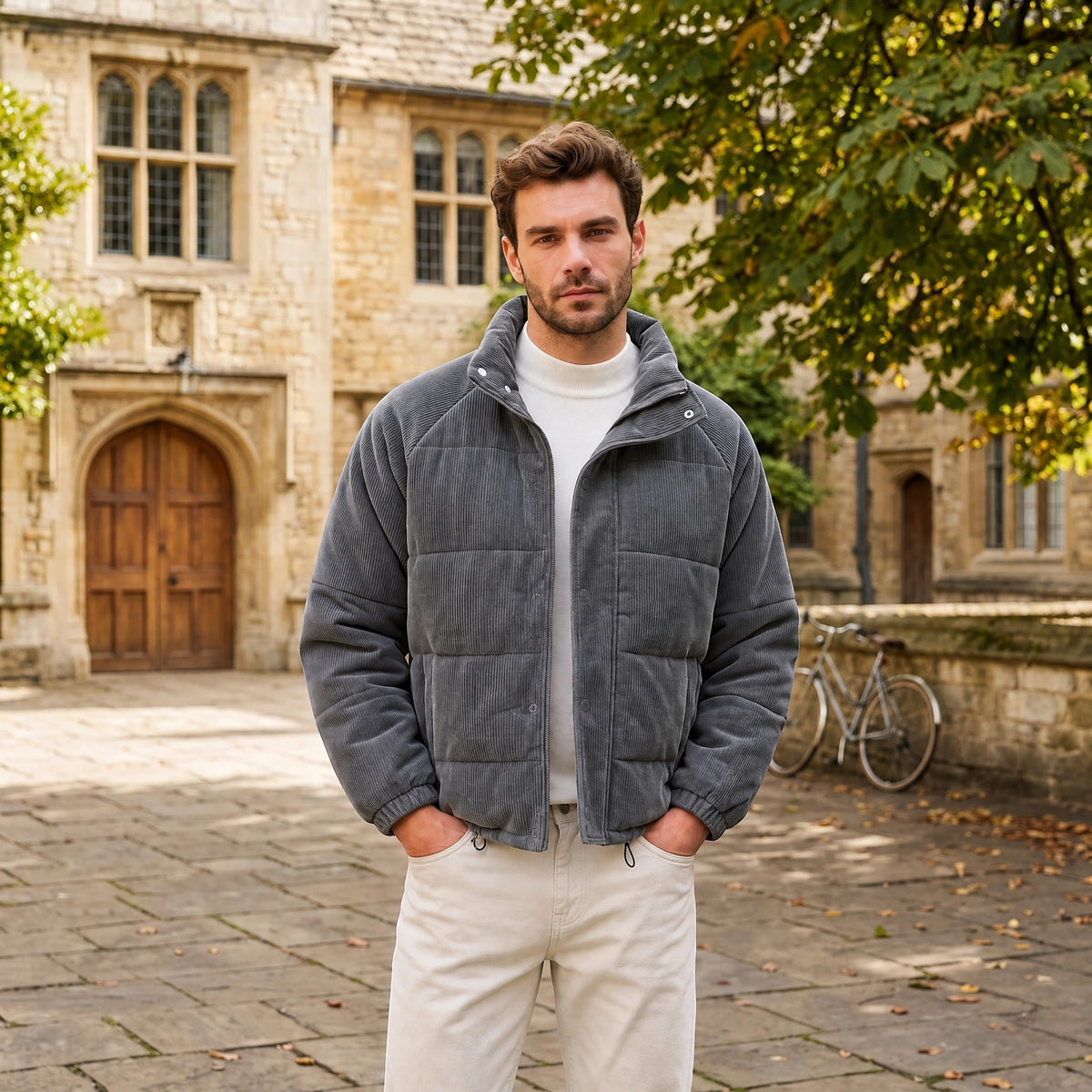 Men's Puffer Jacket with Stand Collar and Press Stud Fastening