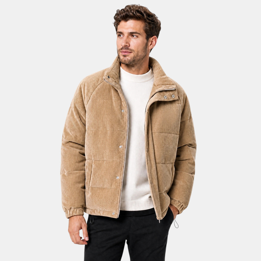Men's Puffer Jacket with Stand Collar and Press Stud Fastening
