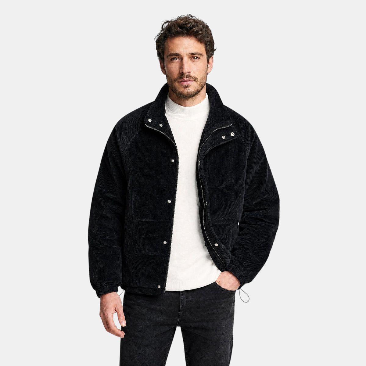 Men's Puffer Jacket with Stand Collar and Press Stud Fastening