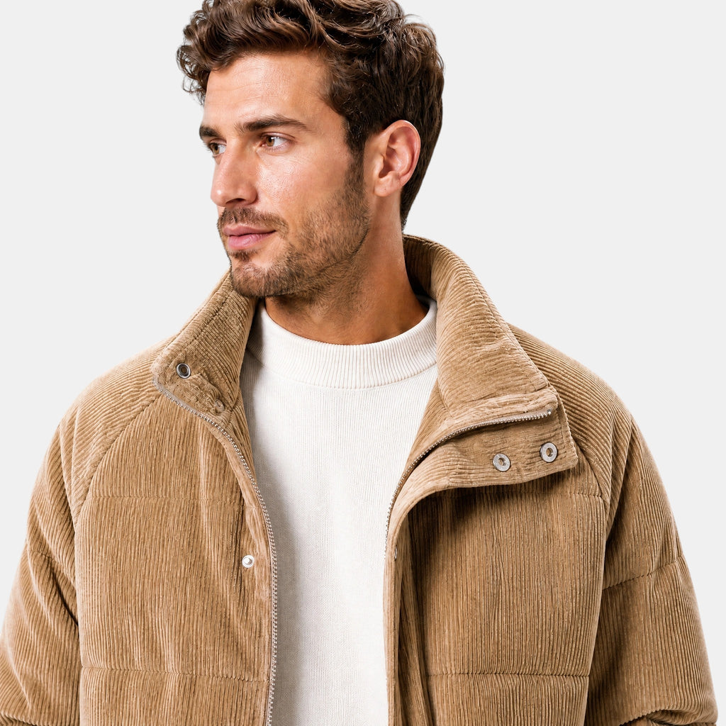 Men's Puffer Jacket with Stand Collar and Press Stud Fastening