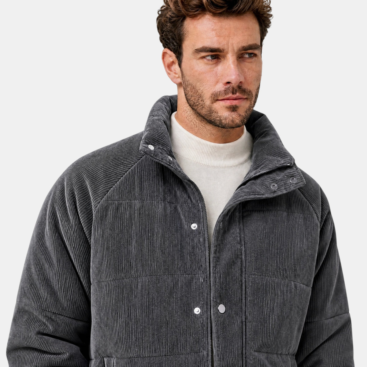 Men's Puffer Jacket with Stand Collar and Press Stud Fastening