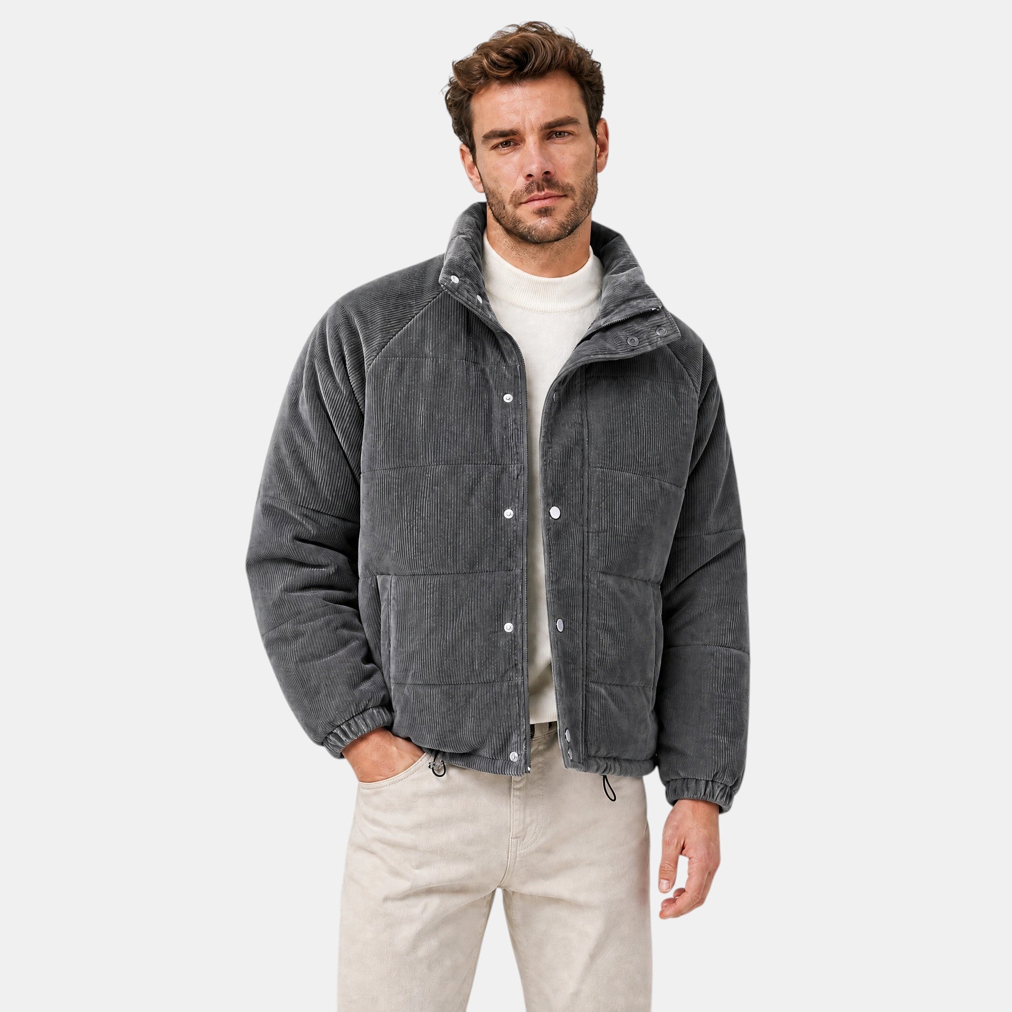 Men's Puffer Jacket with Stand Collar and Press Stud Fastening