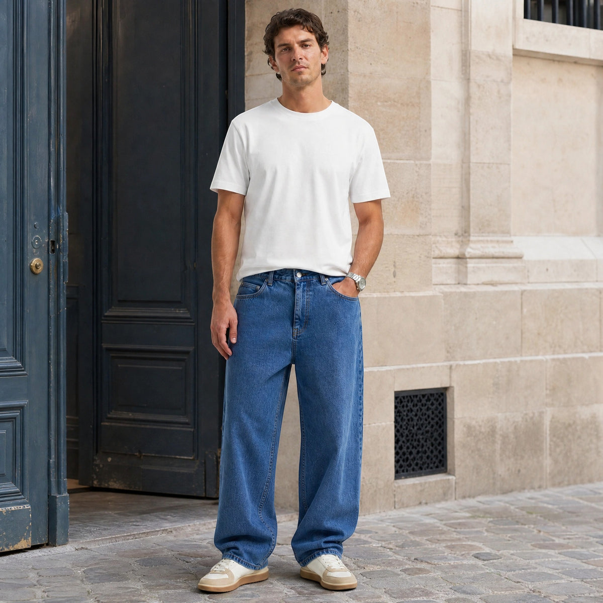 Men's Straight Leg Jeans with Belt Loops and Five Pocket Design