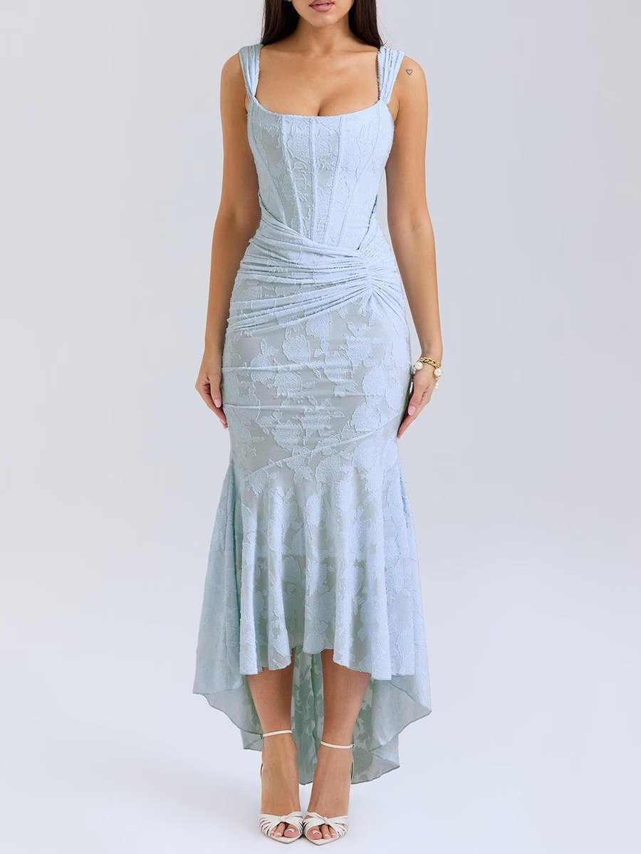 Sleeveless Corset Jacquard Lace Mermaid Dress with High-Low Hem for Women